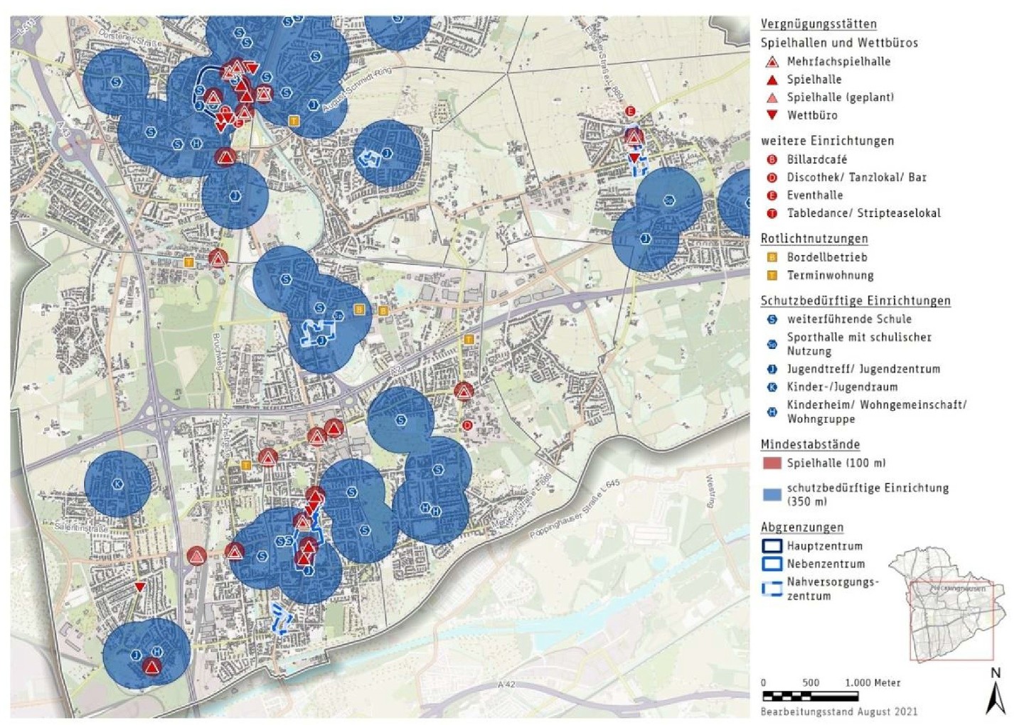 Spielhallen und sensible Einrichtungen nach AG Gl&uuml;StV NRW mit Mindestabst&auml;nden in Recklinghausen Stand 2021